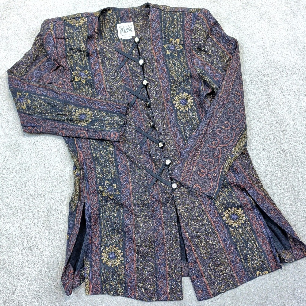 Vintage R&M Richards Karen Kwong Tunic Top Medium Floral Lace Up 90s Maximalist